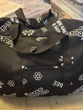 Black Floral Logo Print Travel Duffel Bag
